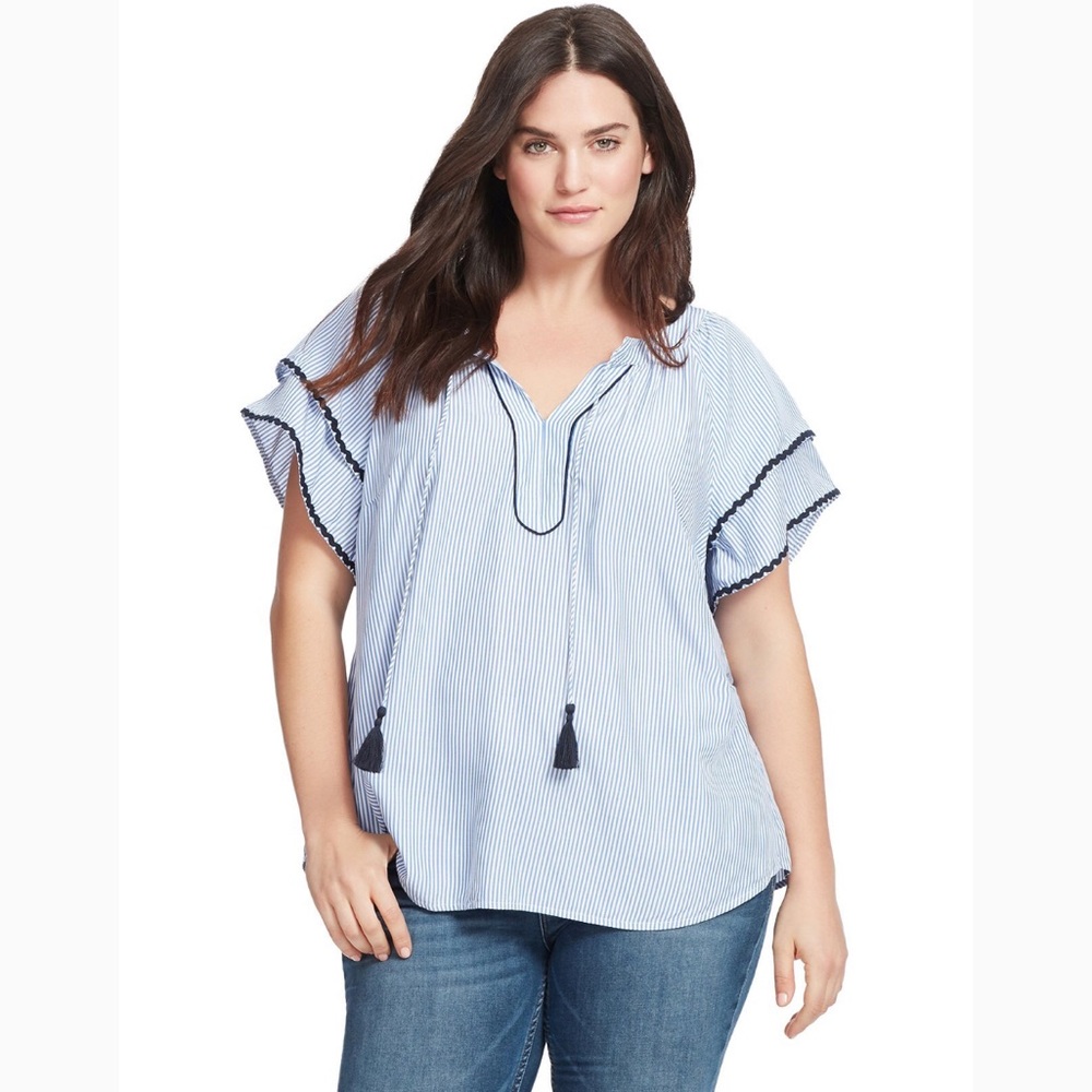 Striped Tassel Tie Flutter Sleeve Top - Light Blue